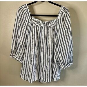 Cafe Marrakech Woman's XL ‎ 100% Cotton Striped Blue & White Eyelet Boho Blouse
